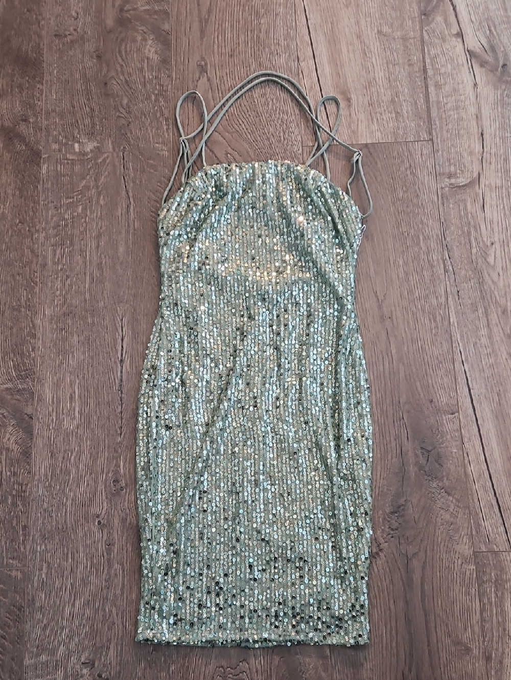 Sequin Spaghetti-Strap Bodycon Dress - Sage Green